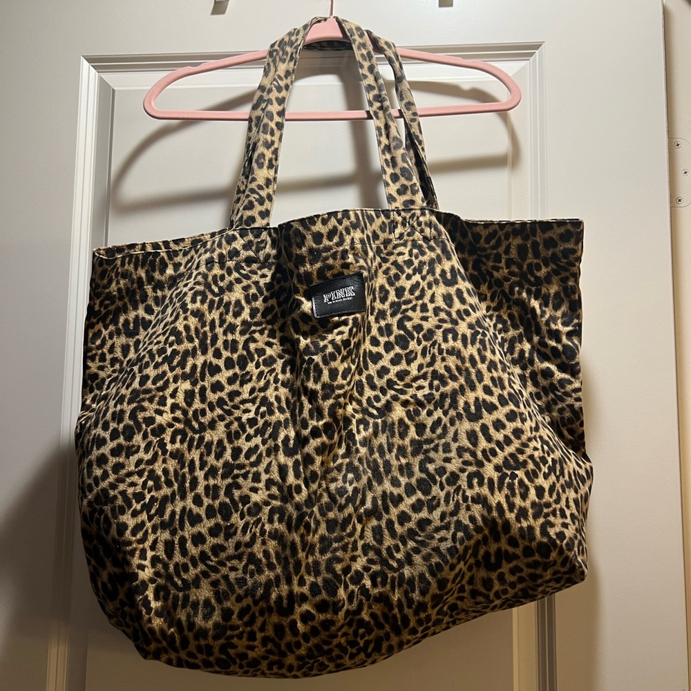 PINK Brown and Black Tote Bag with Leopard Print